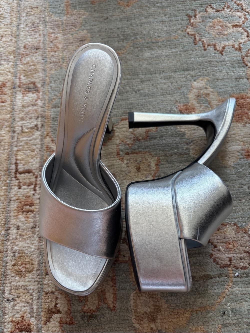 Charles & Keith Metallic Silver Platform Slide Sandals